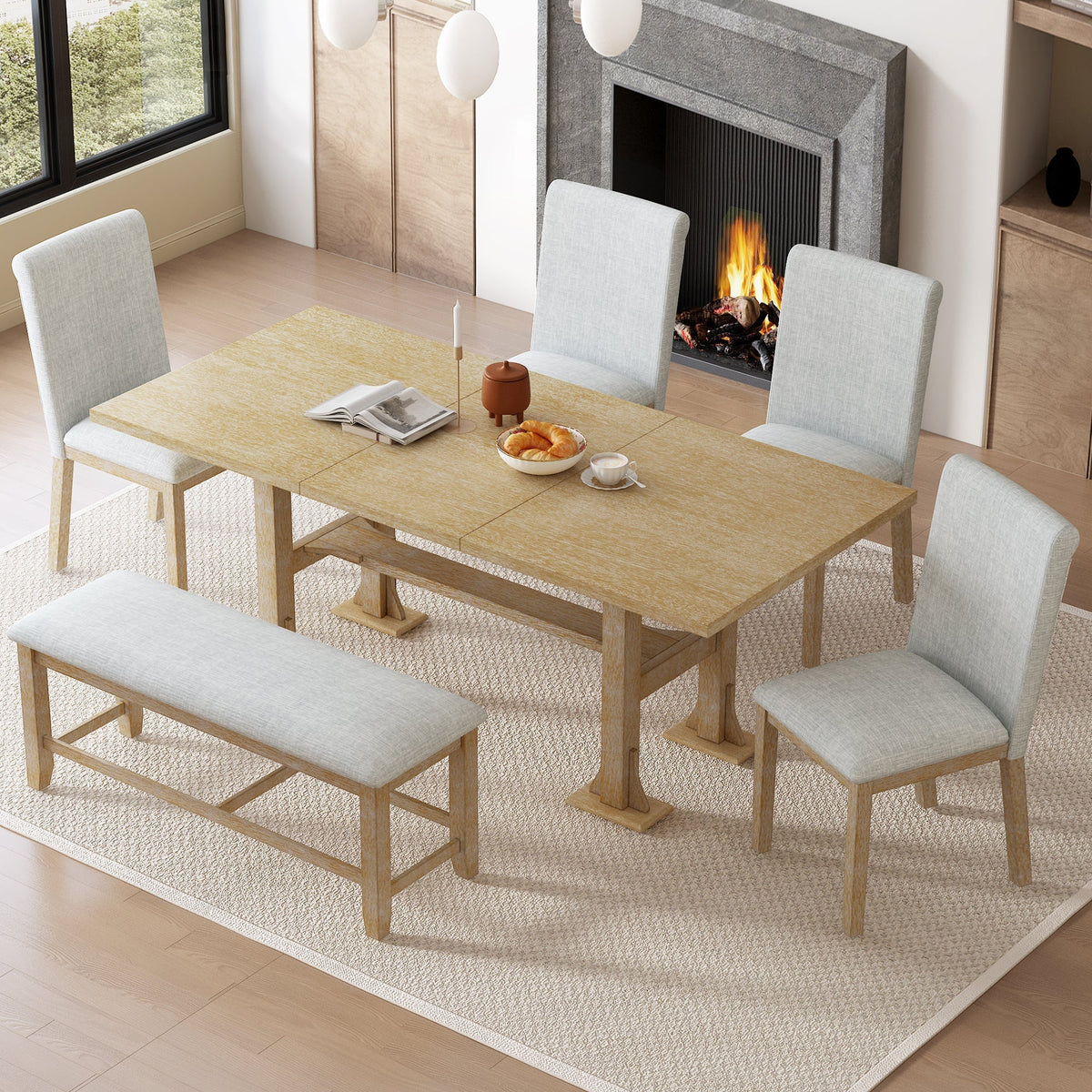 Artisanal 6-Piece Extendable Solid Wood Dining Set with Bench Seating