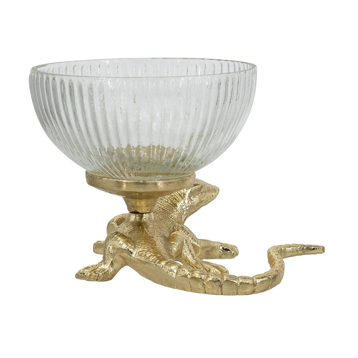 Gold Lizard Pedestal Bowl with Ribbed Glass Dish - Gold+Clear