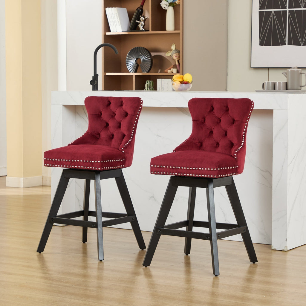 Swivel Velvet Barstools with Button Tufted Decoration - Set of 2 with 360° Swivel - Wine Red