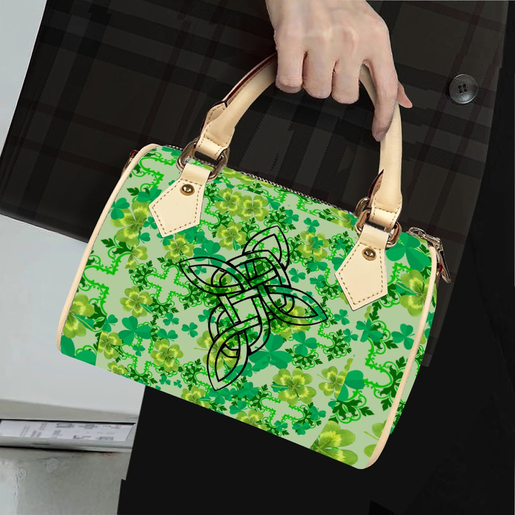 Clover and Celtic Crosses - Barrel Handbag in Beige Trim