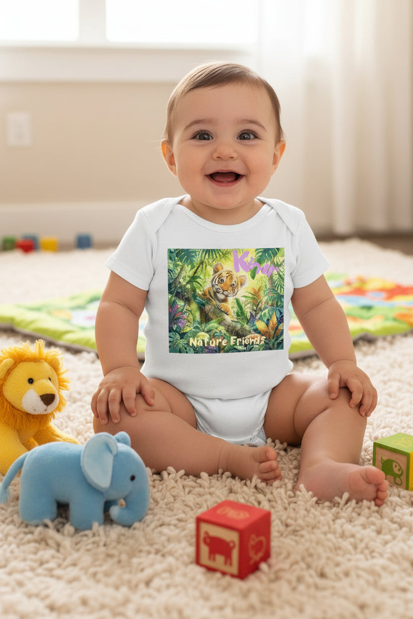 Hispanic Baby wearing a white onesie with a tiger illustration and text on a white background