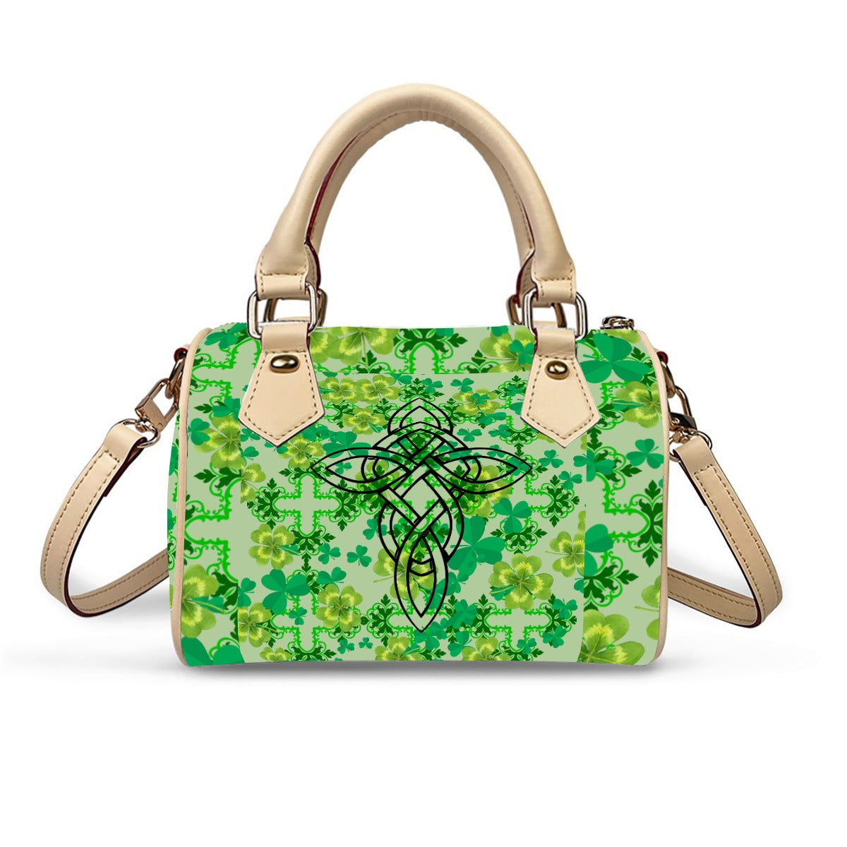 Clover and Celtic Crosses - Barrel Handbag in Beige Trim