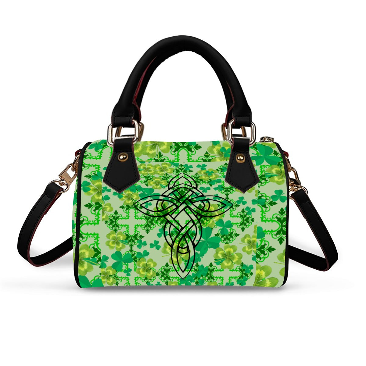 Clover and Celtic Crosses - Barrel Handbag in Beige Trim