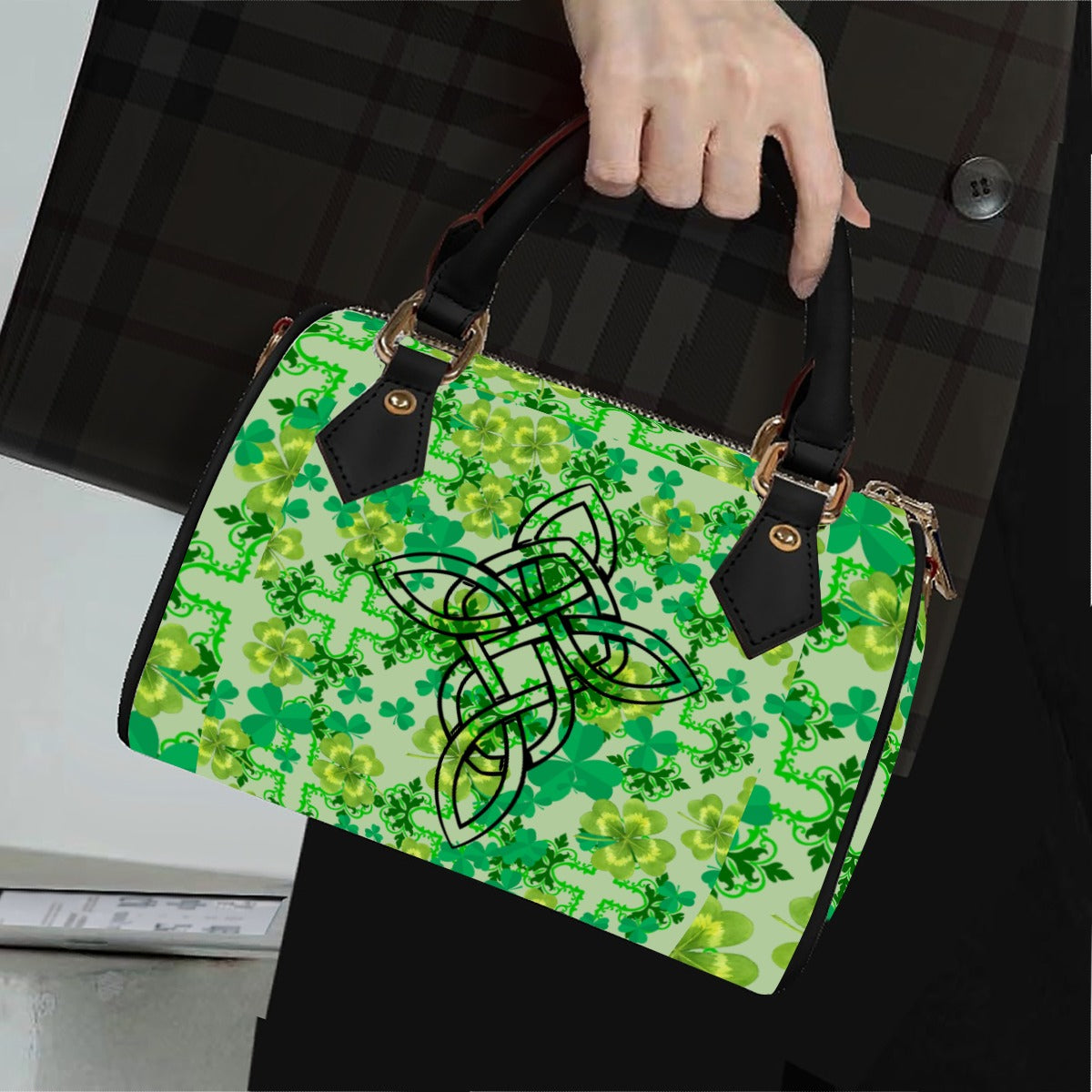 Clover and Celtic Crosses - Barrel Handbag in Beige Trim