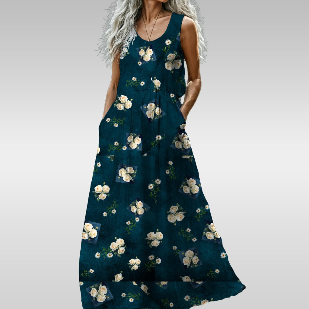 Floribunda and Indigo Scoop Neck Sleeveless Maxi Dress