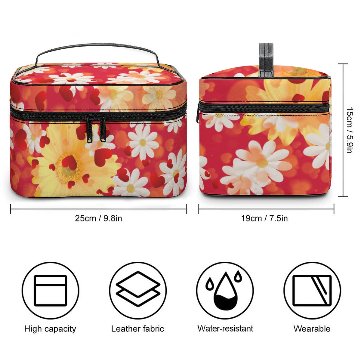 Hearts and Daisies - Back Alley Design Exclusive - Large Capacity Toiletry Organizer Bag