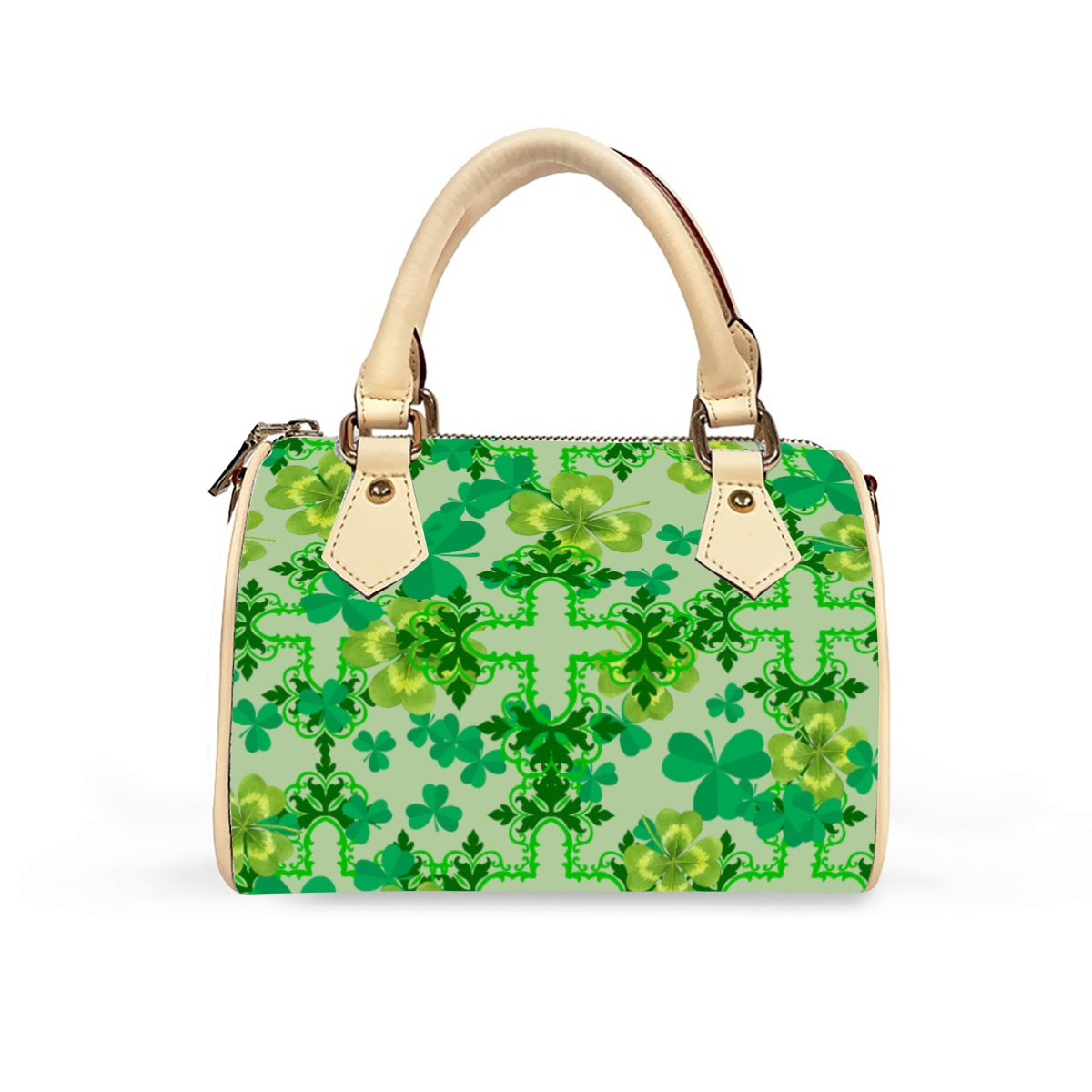 Clover and Celtic Crosses - Barrel Handbag in Beige Trim