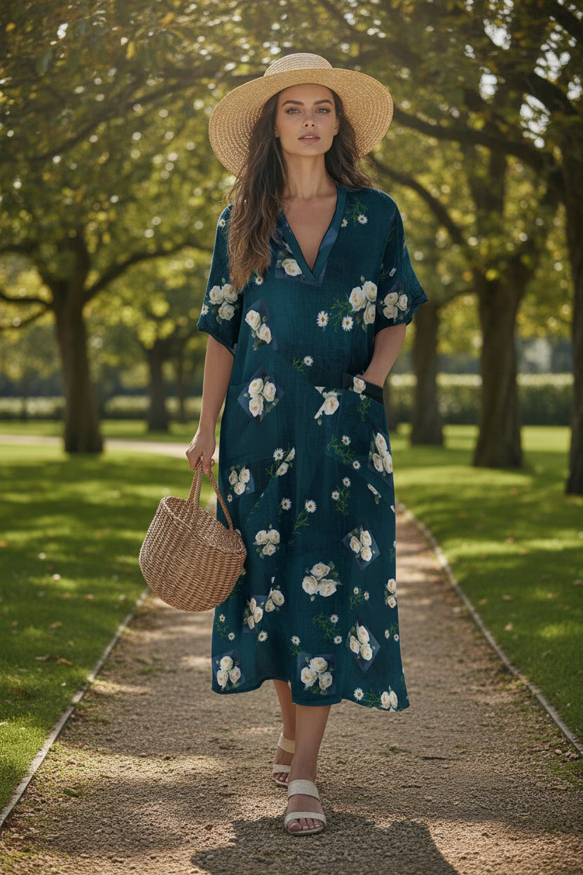 Floribunda and Indigo - A Line V-Neck Dress - Original Design Exclusive to Back Alley