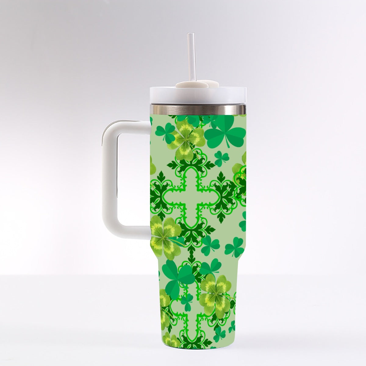 Clover & Celtic Crosses 40 oz Tumbler with Handle | Irish Heritage Insulated Cup - Exclusive to Back Alley