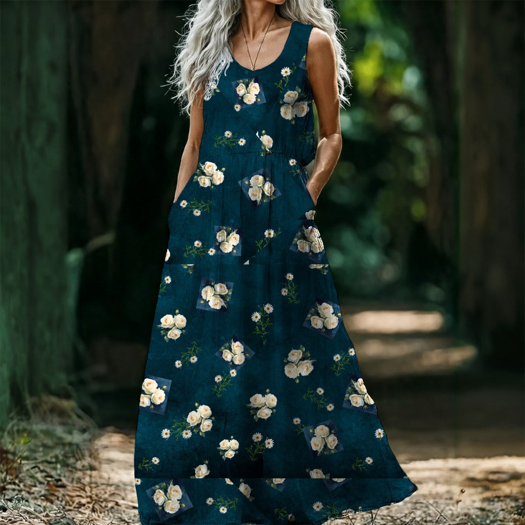 Floribunda and Indigo Scoop Neck Sleeveless Maxi Dress