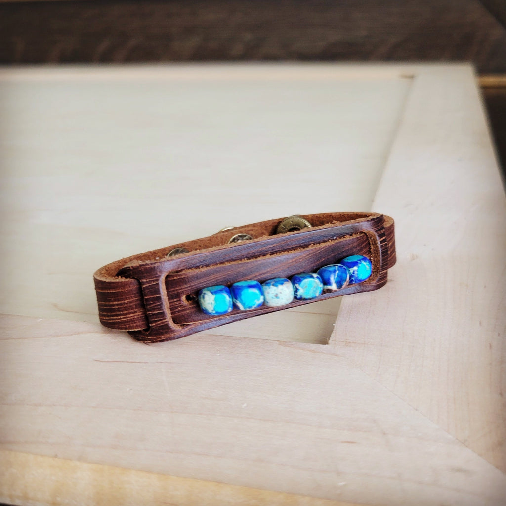 Genuine Leather Narrow Cuff with Denim Regalite Chunks 007c