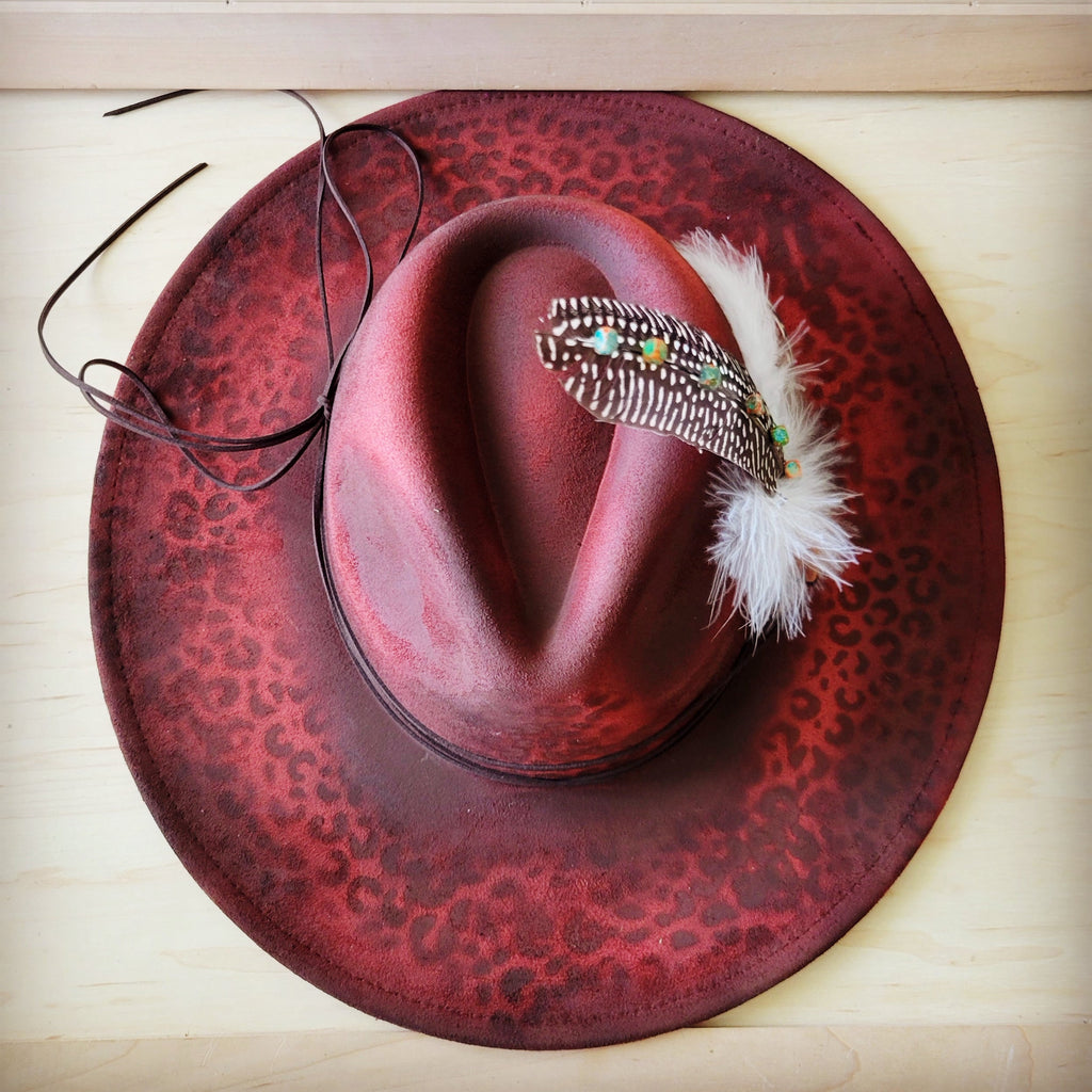Hand-Painted Leopard Boho Western Cowgirl Hat & Band-Red 987k