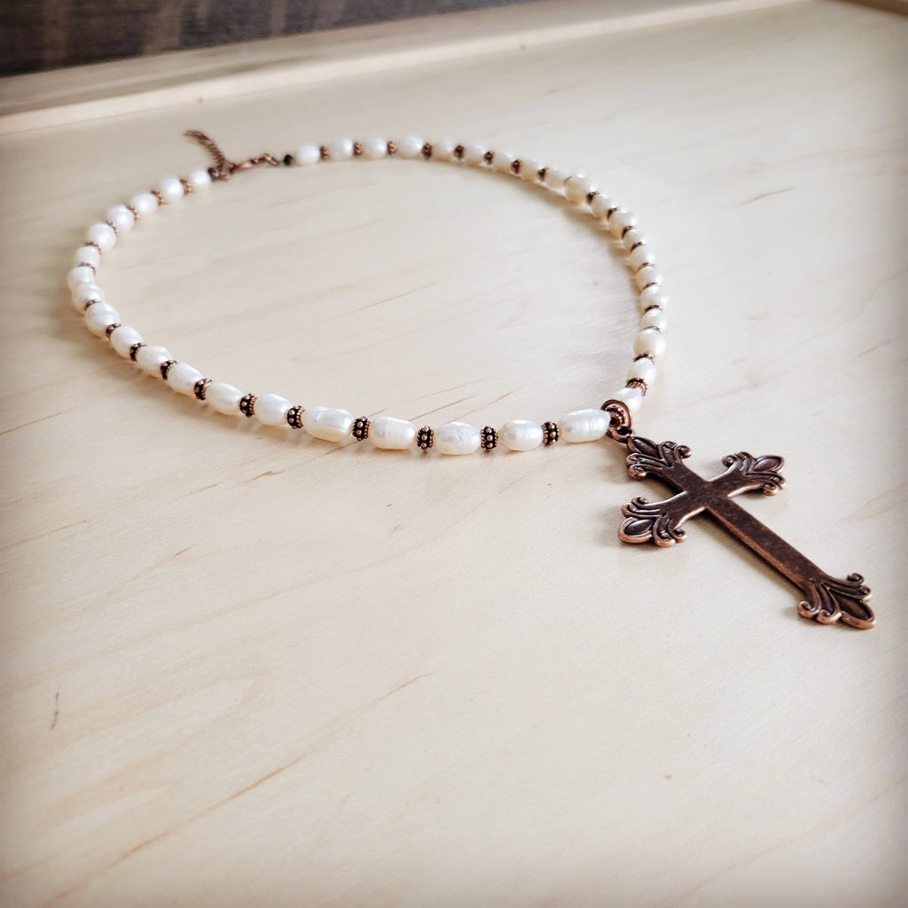 Genuine Freshwater Pearl Collar Boho Necklace w/ Cross 263s