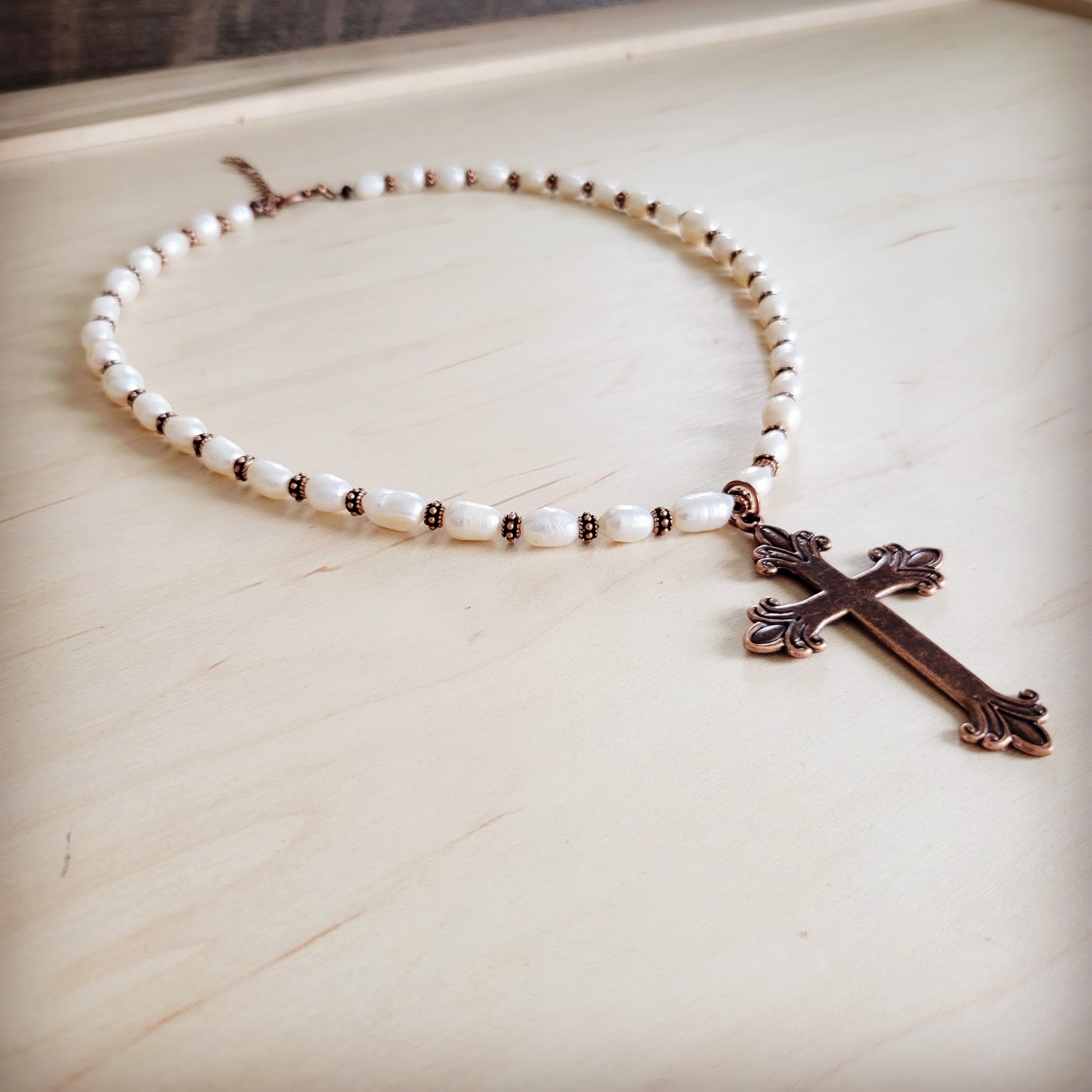 Genuine Freshwater Pearl Collar Boho Necklace w/ Cross 263s