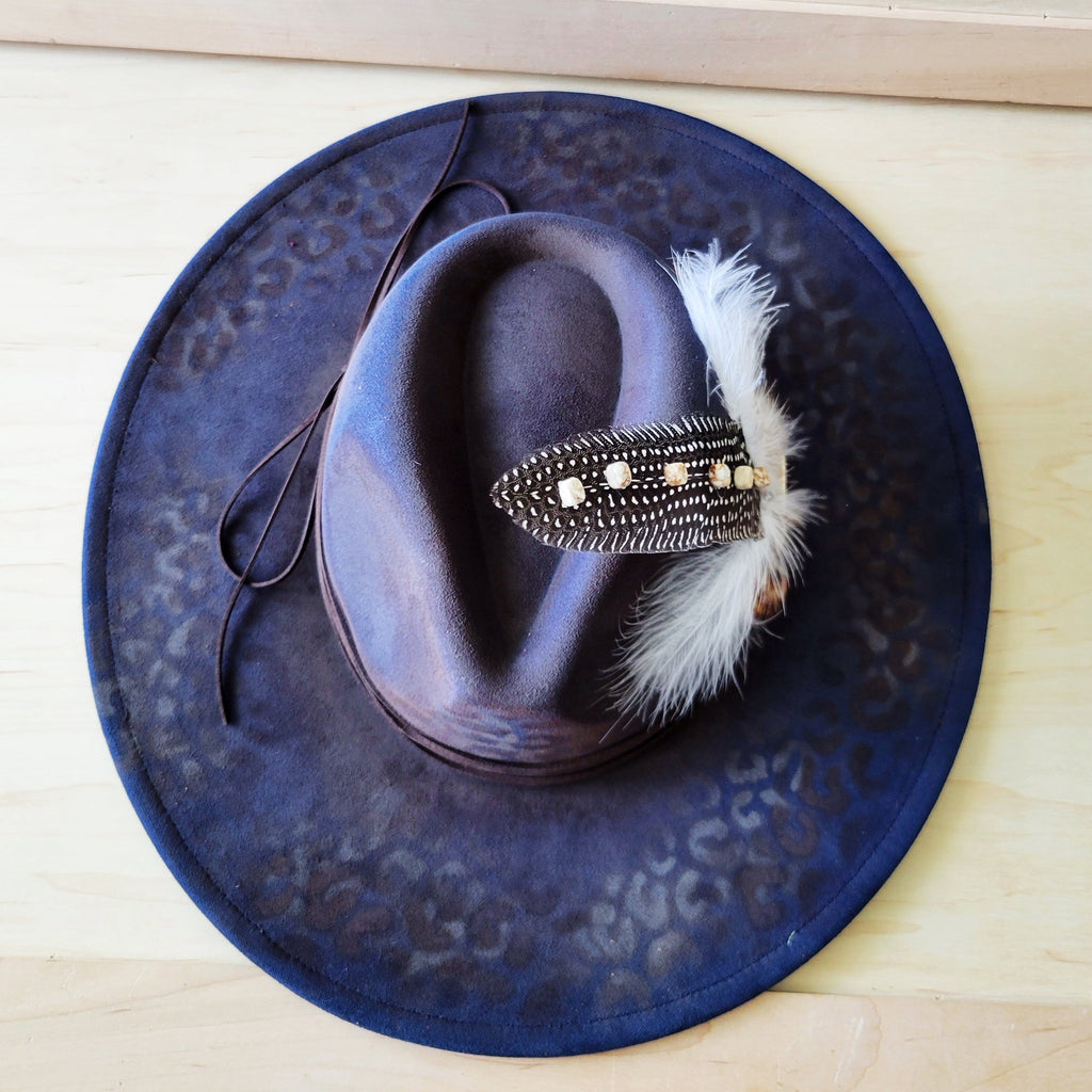 Hand-Painted Leopard Boho Western Cowgirl Hat & Band-Navy 987L