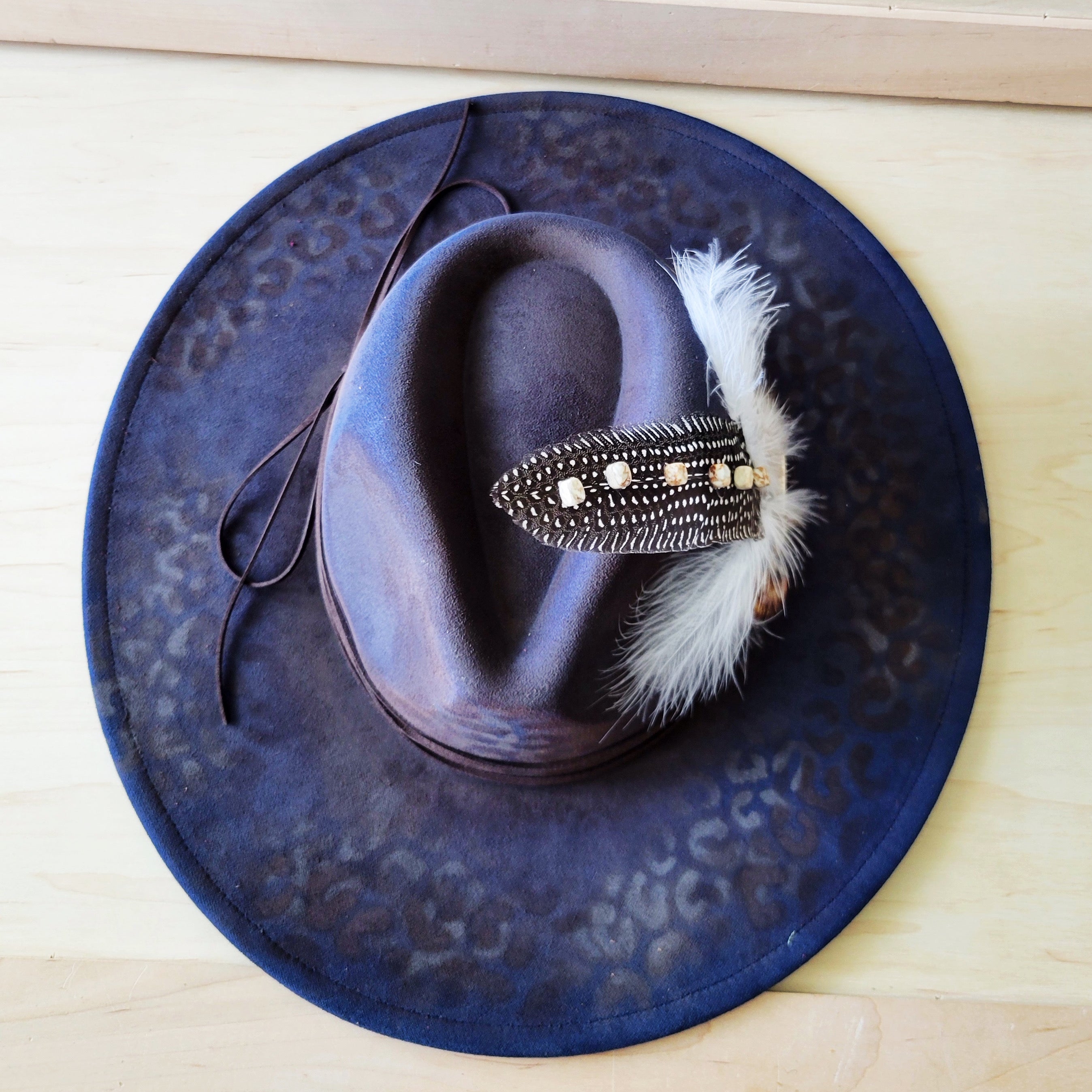 Hand-Painted Leopard Boho Western Cowgirl Hat & Band-Navy 987L