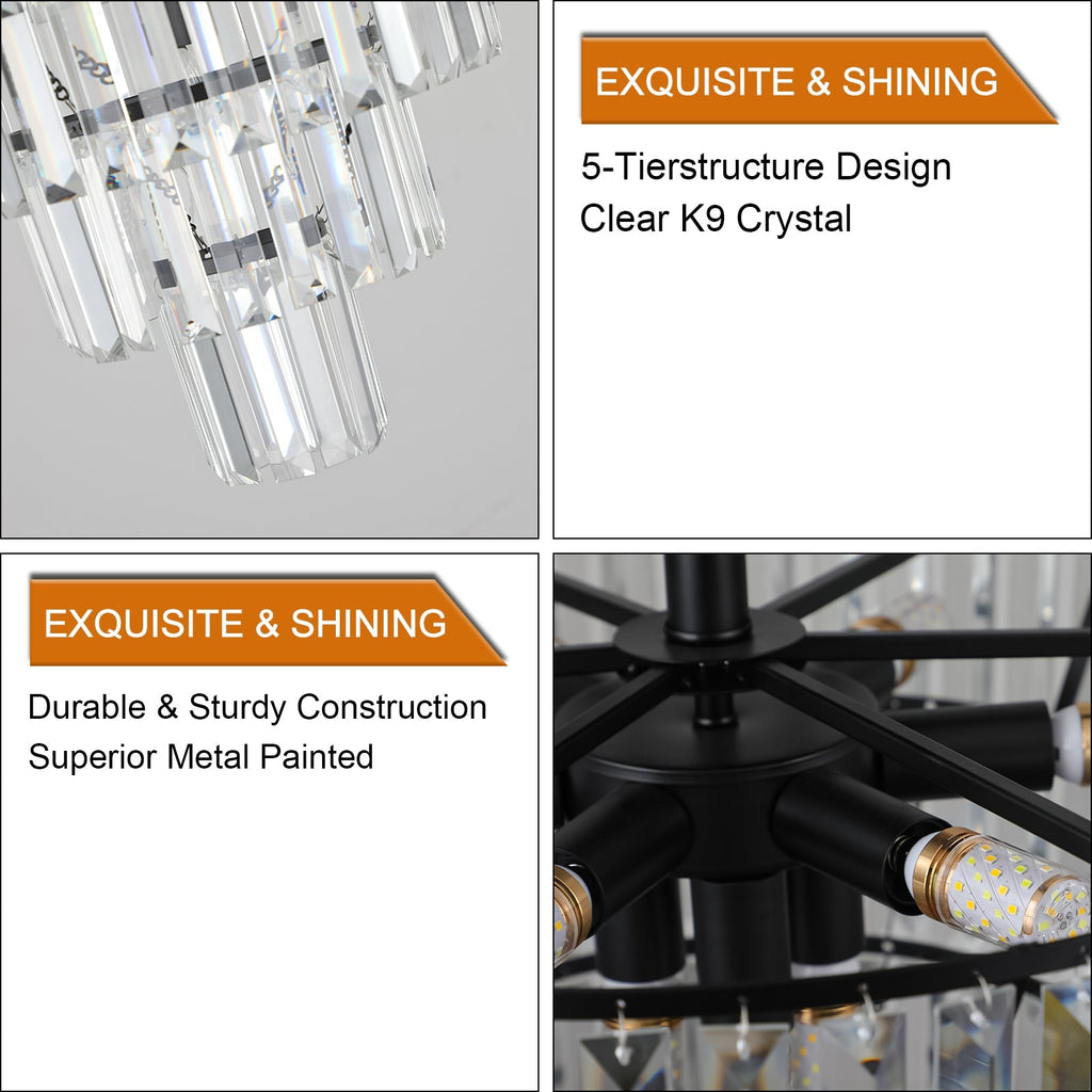 20' Black Crystal Chandelier Ceiling Light, Modern Luxury 10-Light Flush Mount