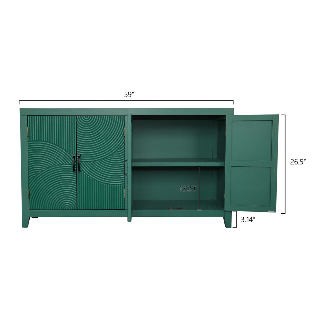 59in Green Accent Cabinet with 4 Doors - Mid Century Modern Buffet - Dark Green
