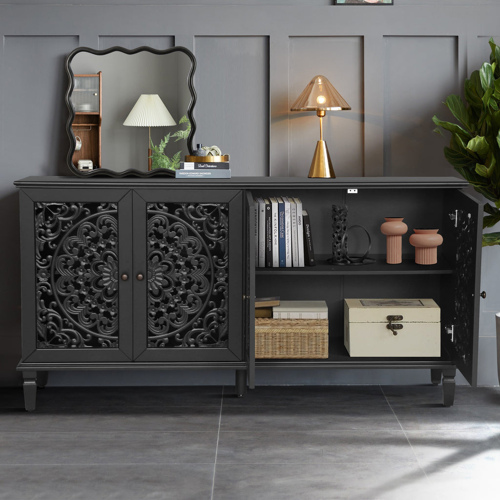 60" Antique Buffet Cabinet with Floral Carvings - Black