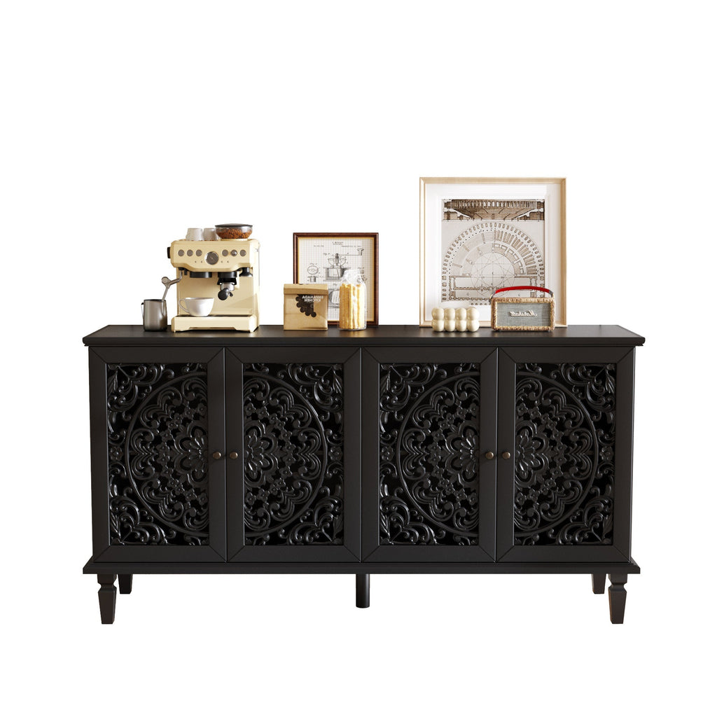 60" Antique Buffet Cabinet with Floral Carvings - Black