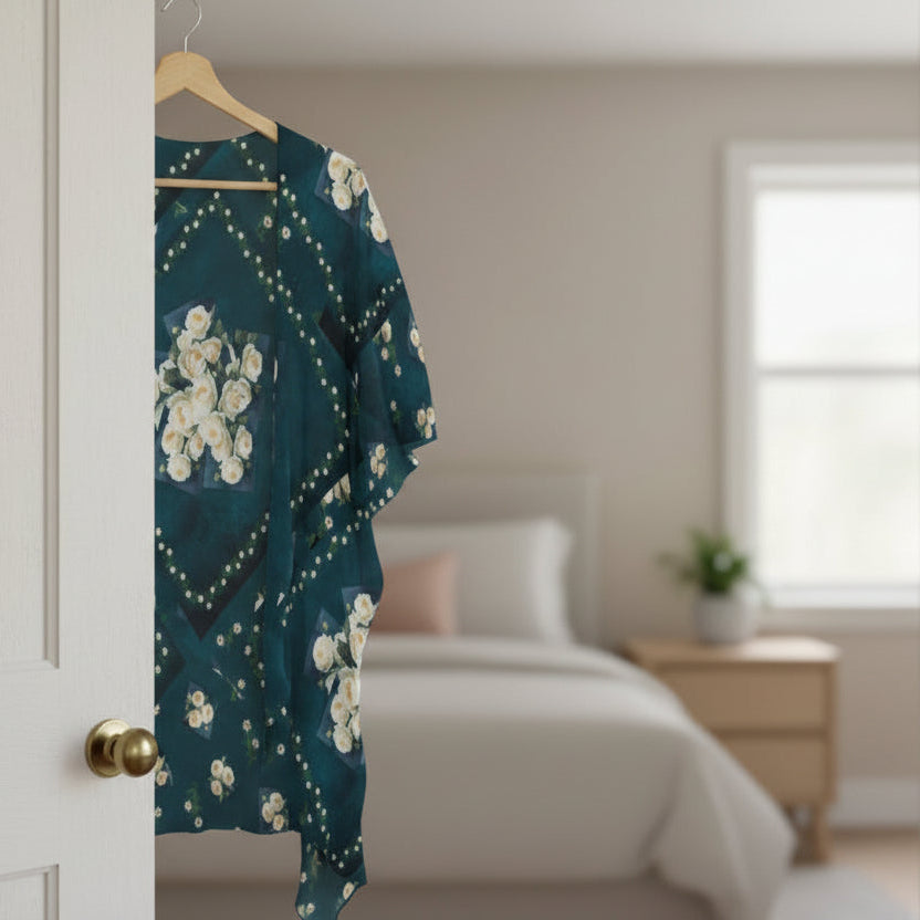 Floribunda & Indigo Chiffon Kimono - Lightweight Wrap - Back Alley Exclusive