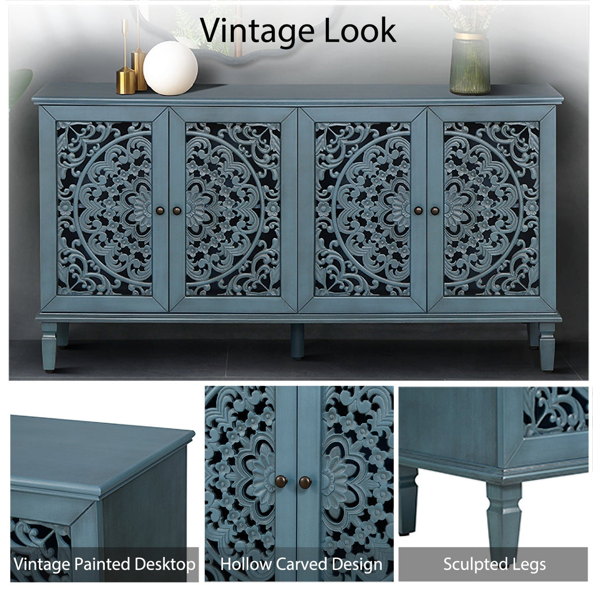 Antique Blue Buffet Cabinet with Floral Carvings and Adjustable Shelves