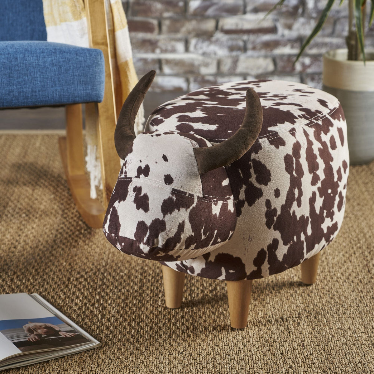 Cow Shaped Ottoman Footstool with Fabric and Wood - Black or Dark Brown