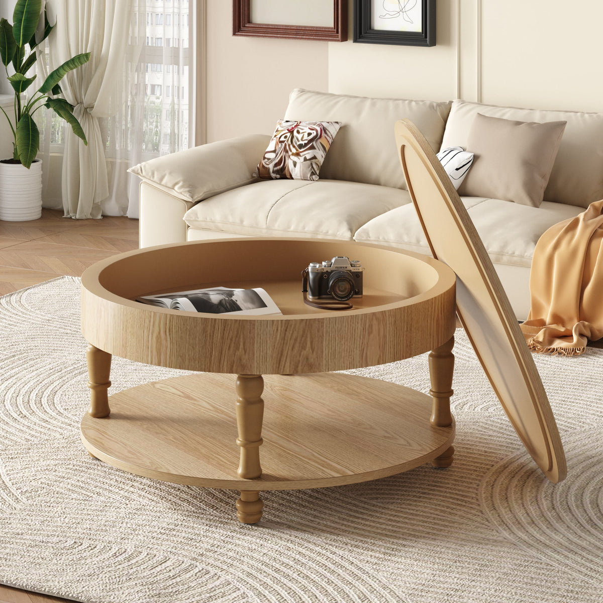 Coffee Table with Dual Storage - Natural Wood, 31.5" Round
