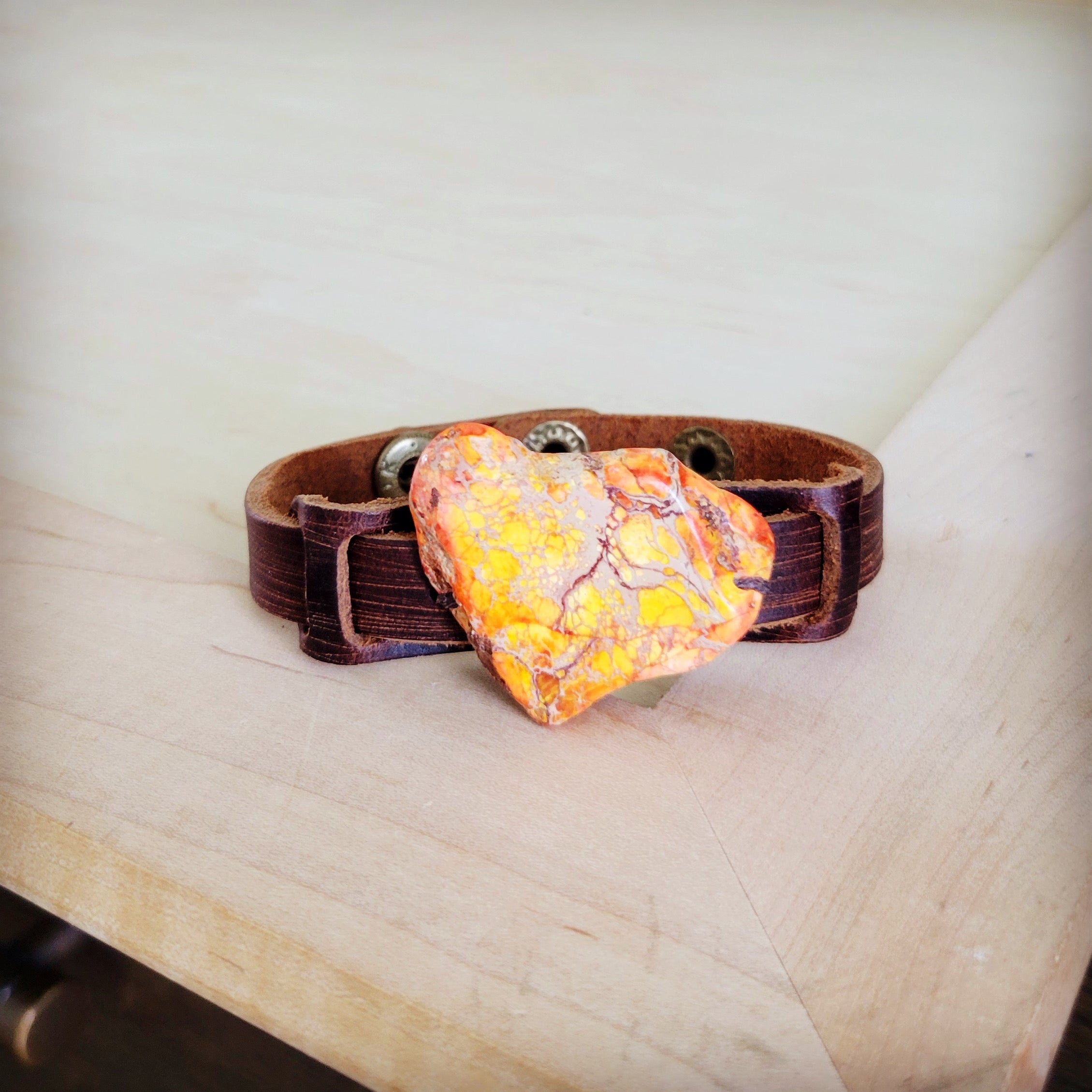 Genuine Leather Narrow Cuff w/ Orange Regalite Slab 007f