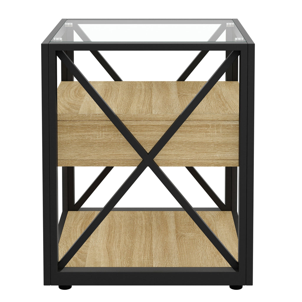 Modern End Tables with Drawer - Set of 2 Nightstands with Tempered Glass Top