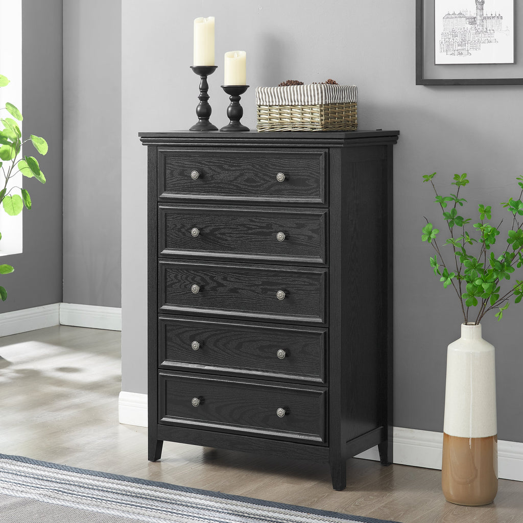 Modern 5-Drawer Black Dresser with Metal Handles - Black
