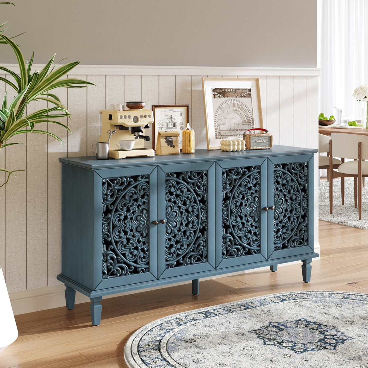 Antique Blue Buffet Cabinet with Floral Carvings and Adjustable Shelves