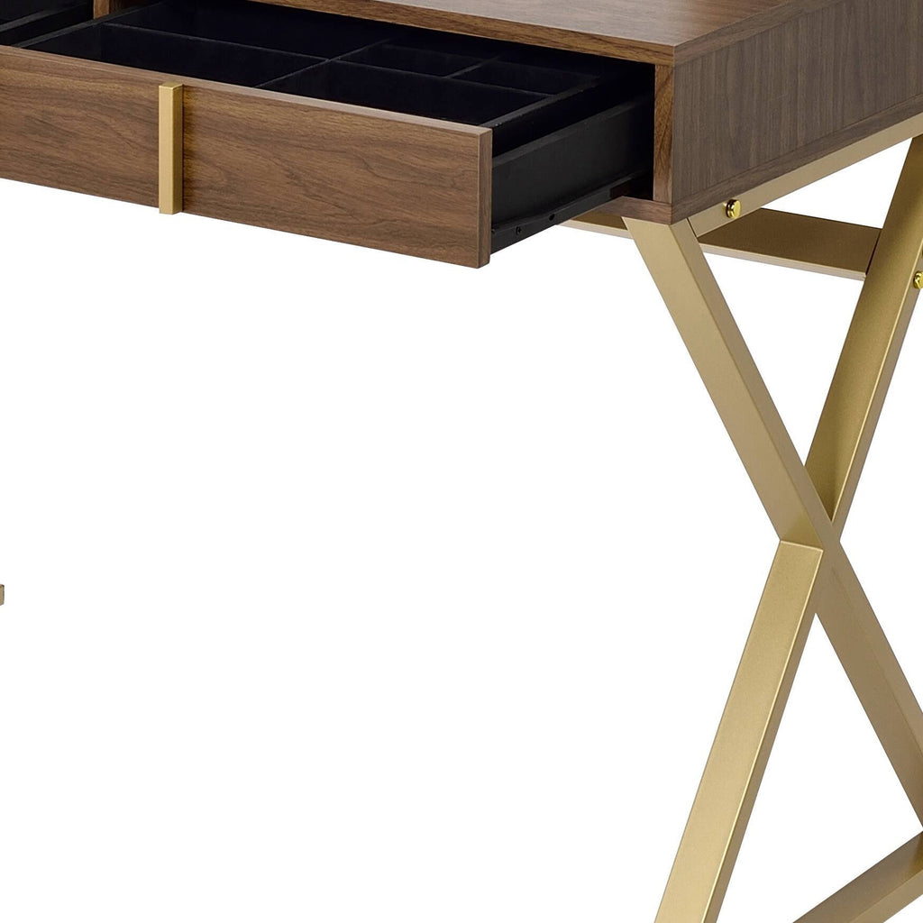 Walnut Vanity Desk with Mirror & Jewelry Tray - Gold Finish