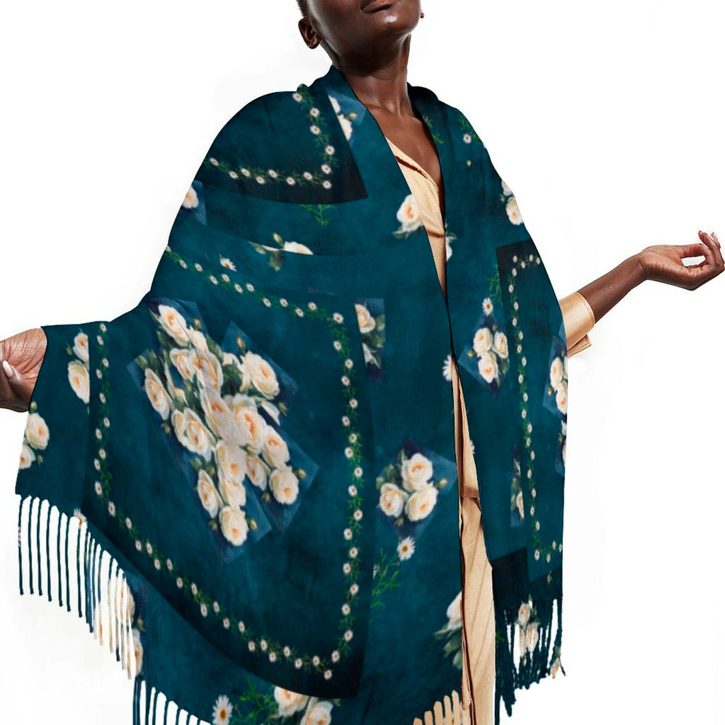 Floribunda & Indigo Panel Tassel Scarf - Exclusive Design