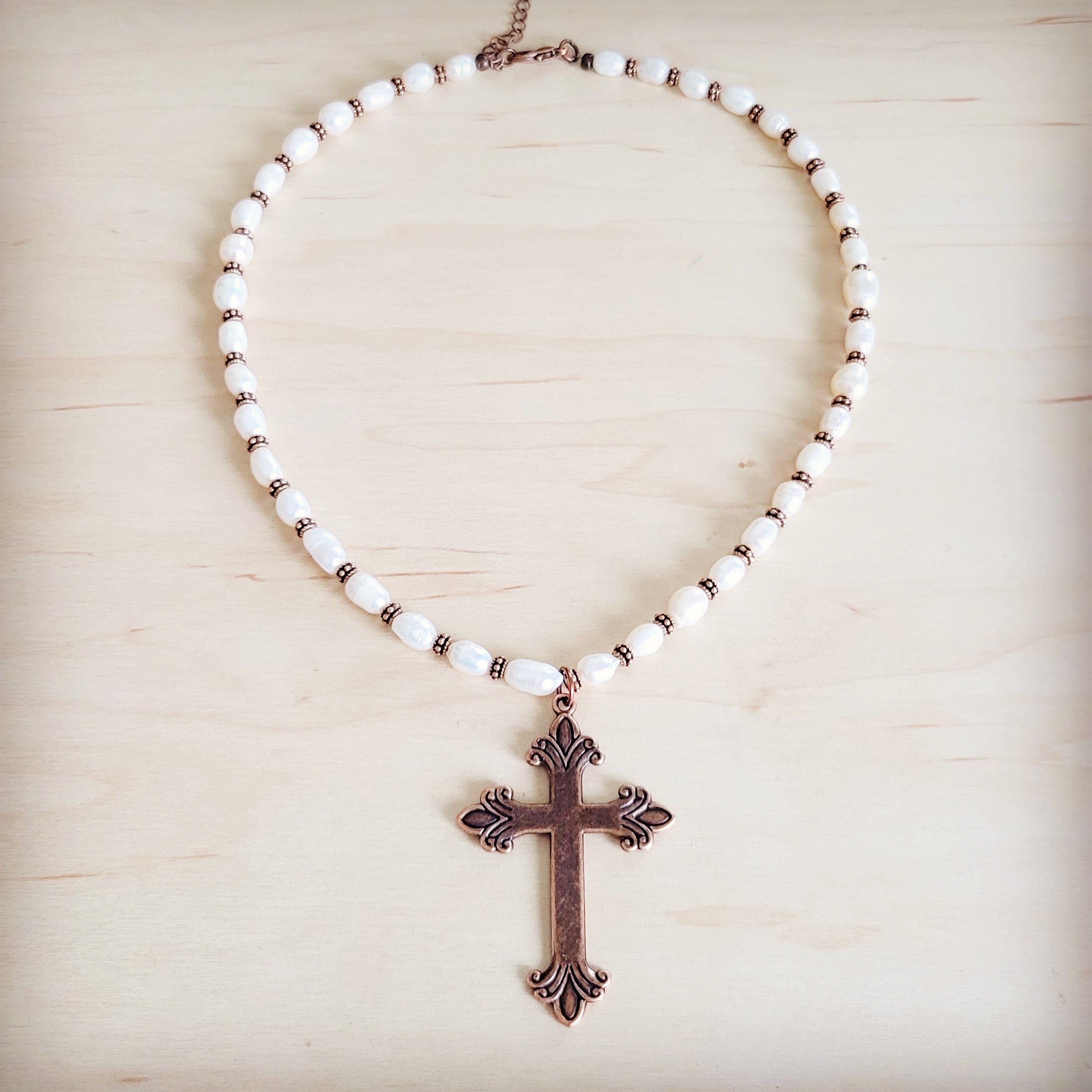 Genuine Freshwater Pearl Collar Boho Necklace w/ Cross 263s