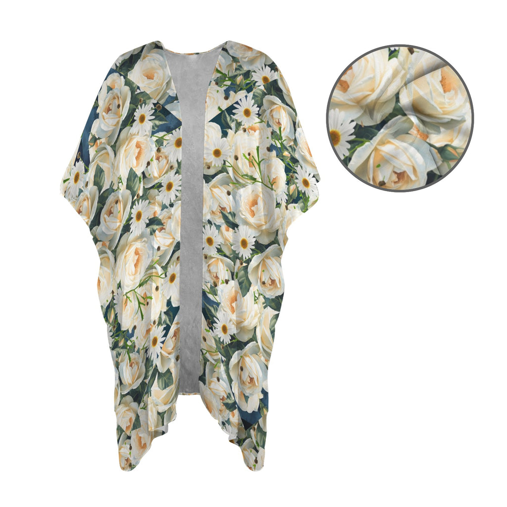 Floribunda and Indigo - Roses and Daisies -Chiffon Kimono - Women's Long Cover Up