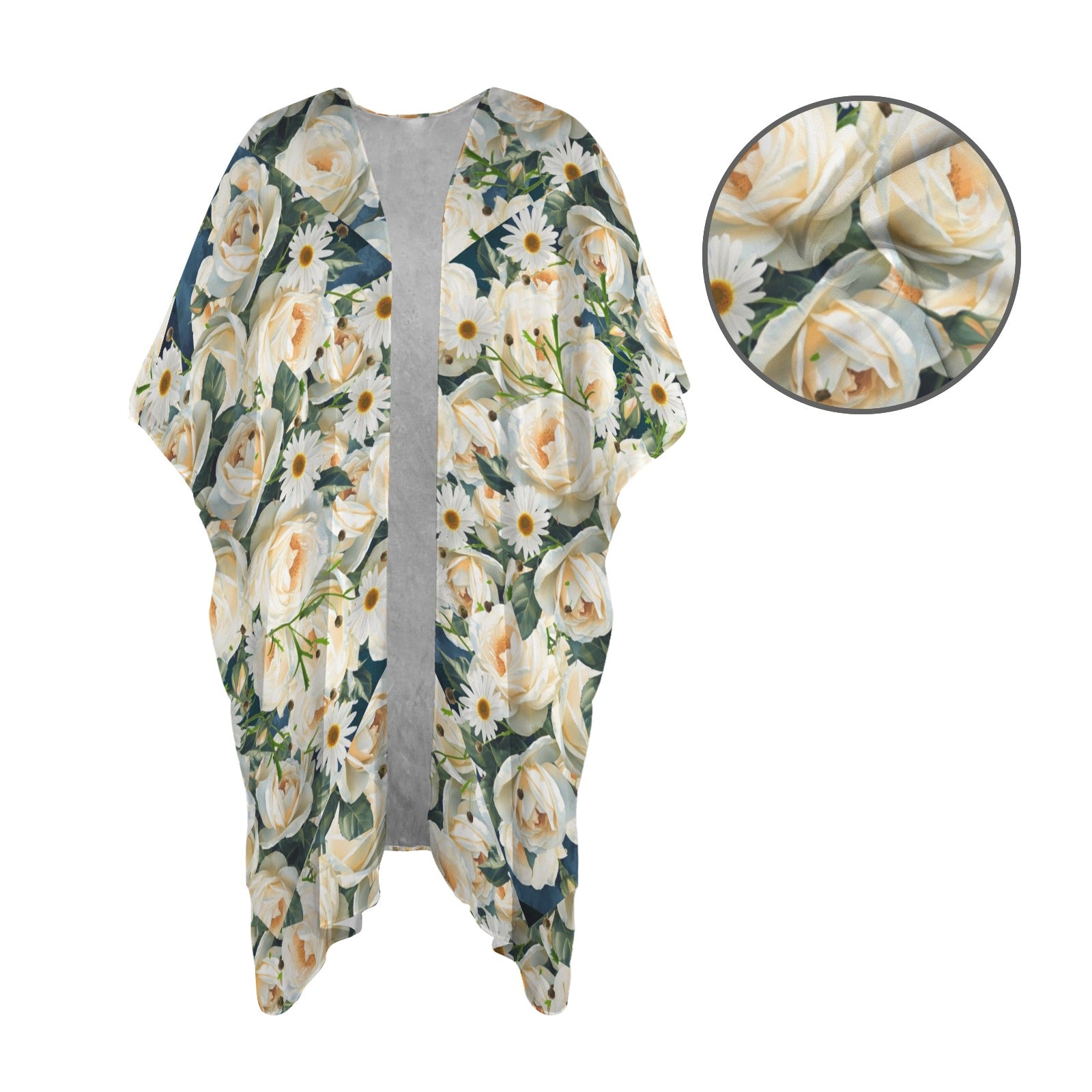 Floribunda and Indigo - Roses and Daisies -Chiffon Kimono - Women's Long Cover Up