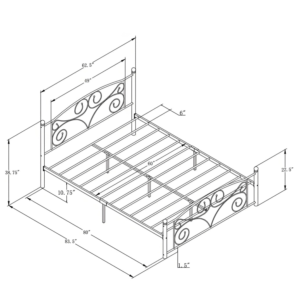 Queen Size Metal Bed Frame with Flower Headboard and Footboard
