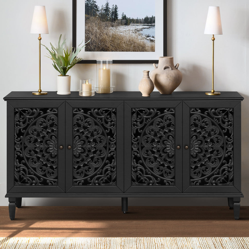 60" Antique Buffet Cabinet with Floral Carvings - Black