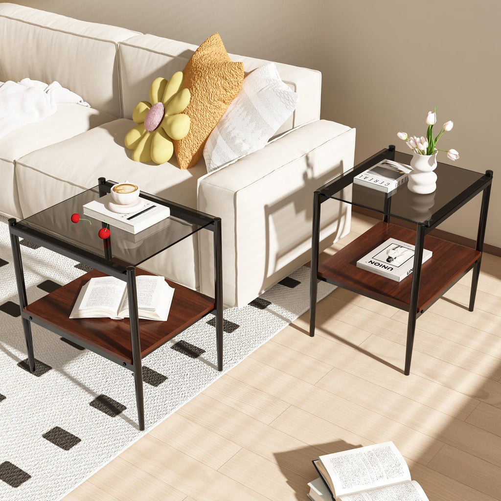 Rectangle End Table Set with Gray Tempered Glass Tops - Gray