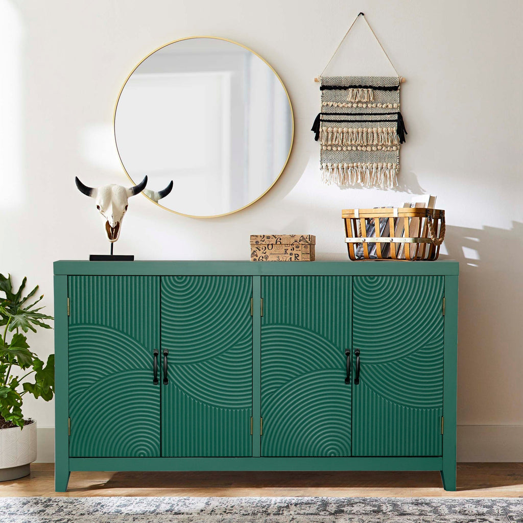 59in Green Accent Cabinet with 4 Doors - Mid Century Modern Buffet - Dark Green