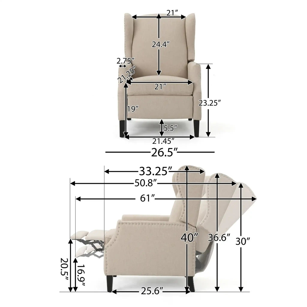 Westeros Wing Back Fabric Upholstered Recliner with Studded Trim – Multiple Colors