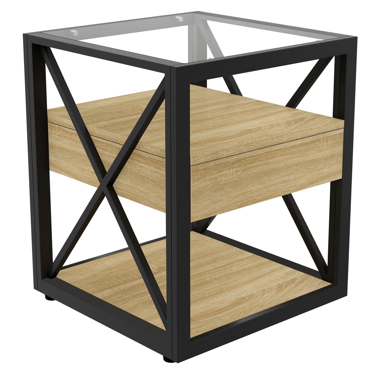 Modern End Tables with Drawer - Set of 2 Nightstands with Tempered Glass Top