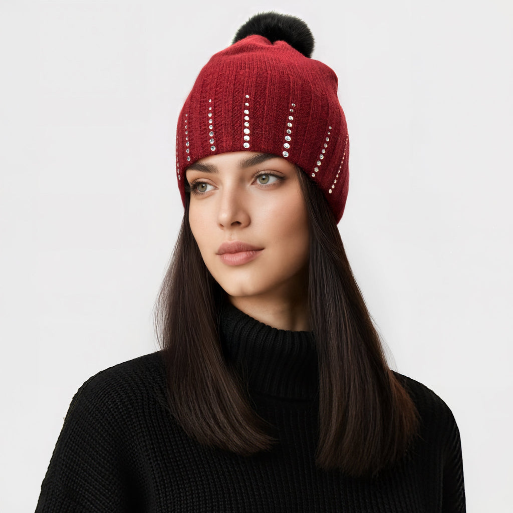CASHMERE HAT WITH CRYSTALS AND POM HAT