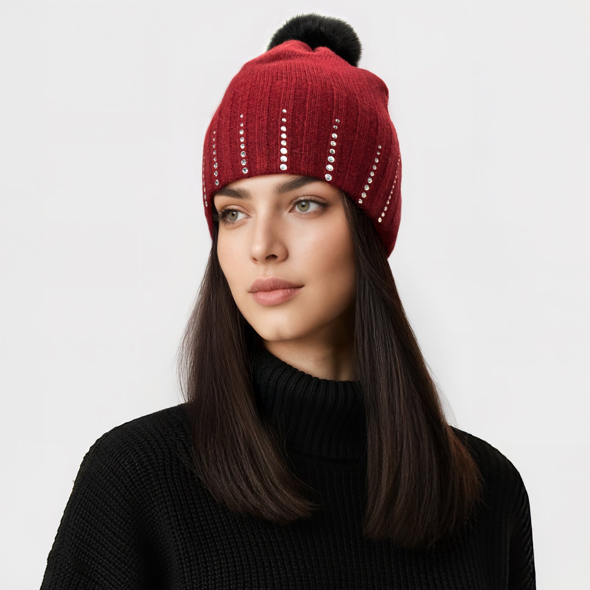 CASHMERE HAT WITH CRYSTALS AND POM HAT
