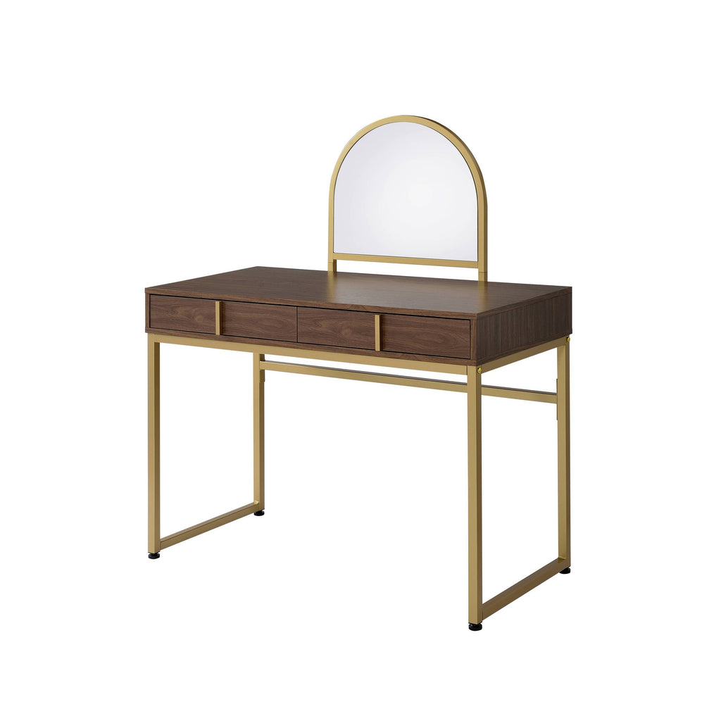 Walnut & Gold Finish Vanity Desk with Mirror & Jewelry Tray – Coleen