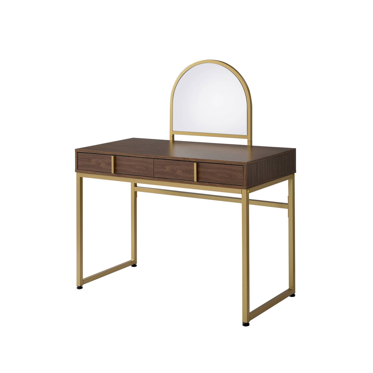 Walnut & Gold Finish Vanity Desk with Mirror & Jewelry Tray – Coleen