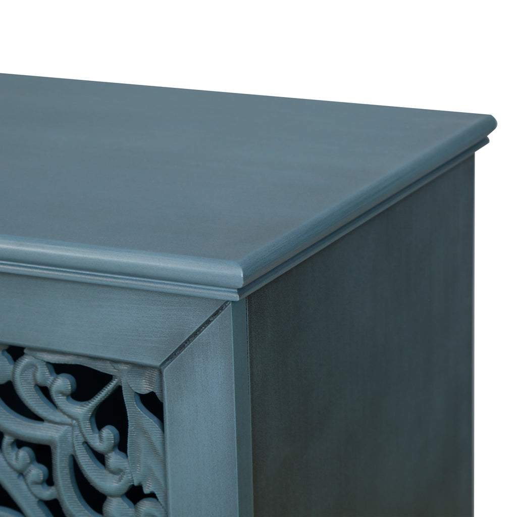 Antique Blue Buffet Cabinet with Floral Carvings and Adjustable Shelves