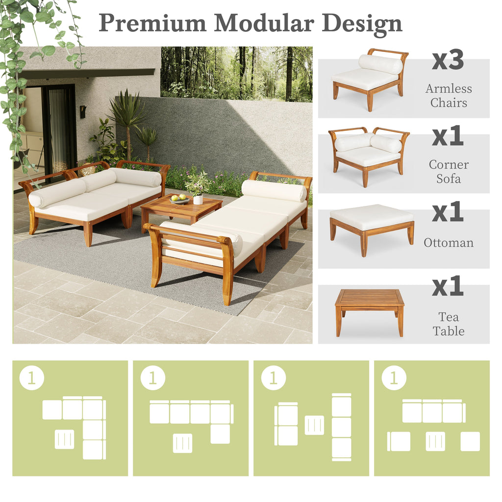 6 Piece Acacia Wood Outdoor Modular Sectional with Daybed - Teak Beige