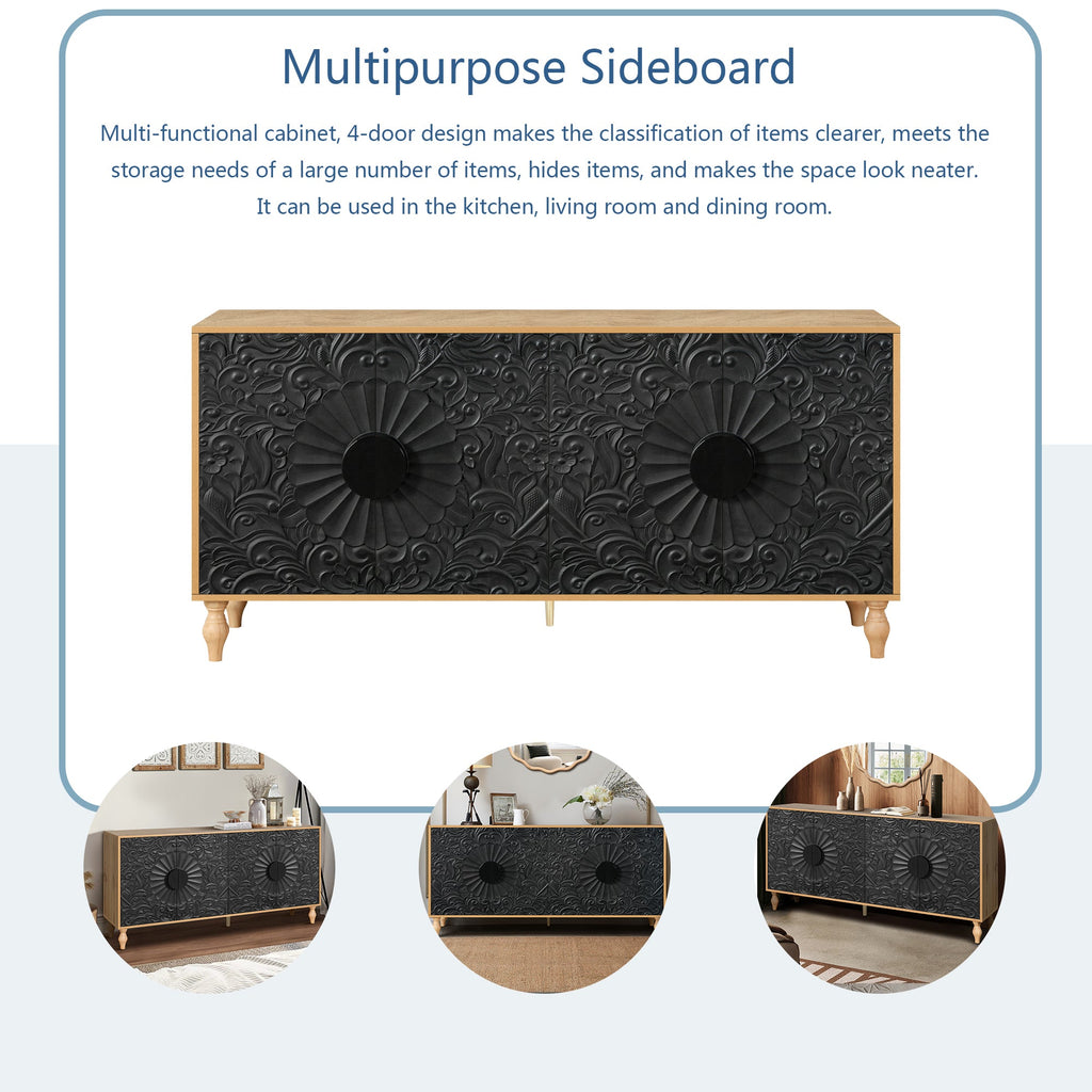 Black Carved Door TV Stand with Adjustable Shelves - Black & Natural
